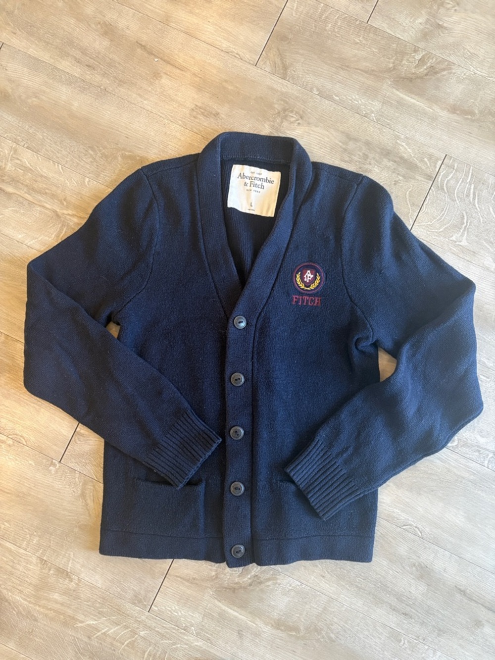 Abercrombie & Fitch Navy Button Down Collar Knit Cardigan with Crest Size Large